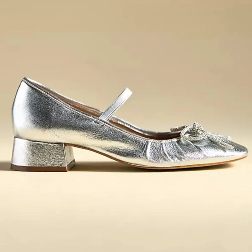 Maeve Anthropologie Silver Crystal Bow Ballet Heels Size 9 - Picture 1 of 9